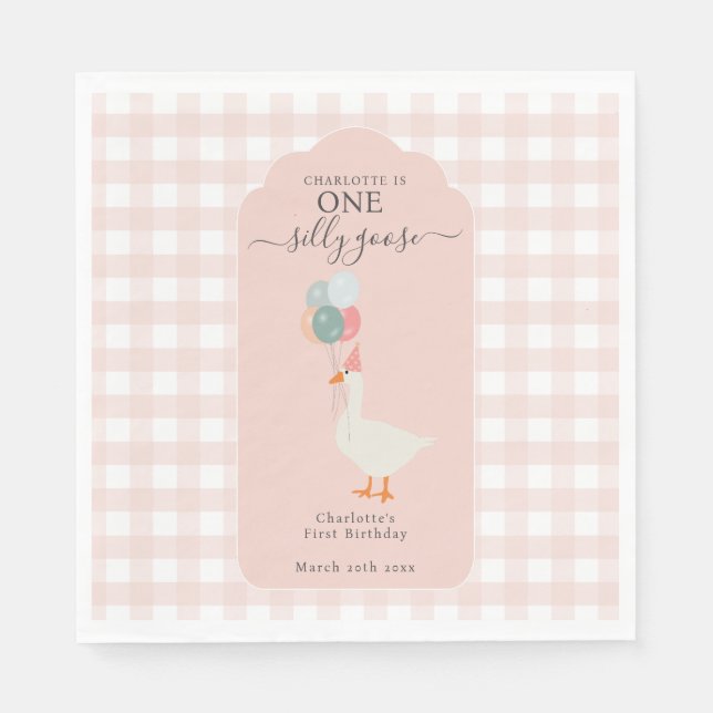 Girl's One Silly Goose 1st Birthday Party Napkins (Front)