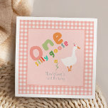Girls One Silly Goose Kids Pink First Birthday Napkins<br><div class="desc">This cute and whimsical girls 1st birthday napkin design features one silly goose with a pink party hat and summer flower,  with matching pink gingham,  and can be personalized with your child’s name in fun typography. The perfect colorful farm design for your little one's first birthday!</div>