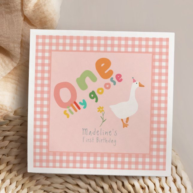 Girls One Silly Goose Kids Pink First Birthday Napkins (Creator Uploaded)