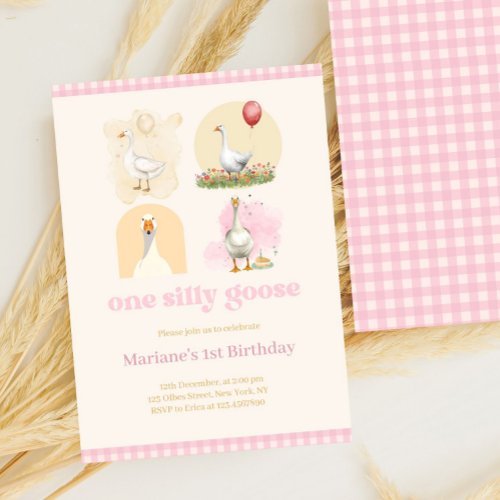 Girls One Silly Goose Pink First Birthday Gingham