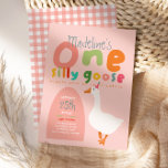 Girls One Silly Goose Summer Kids First Birthday Invitation<br><div class="desc">This cute and whimsical girls 1st birthday invitation design features one silly goose with a pink party hat, and can be personalized with all the information you need for your child's first party in a cute and colorful typography. The invite also features a matching pink gingham pattern on the back....</div>