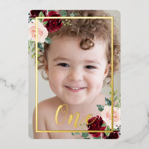 Girls or Boys 1st Birthday Party Photo Floral Foil Invitation
