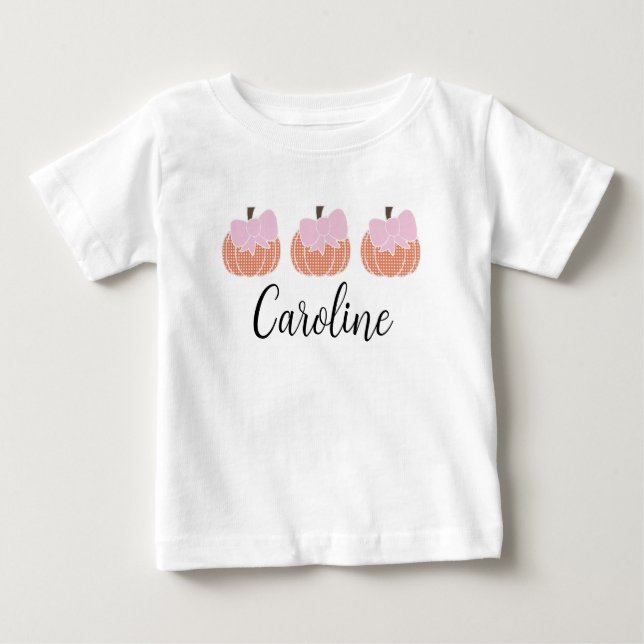 Girls Orange Gingham Pumpkin Trio With Pink Bows Baby T-Shirt (Front)