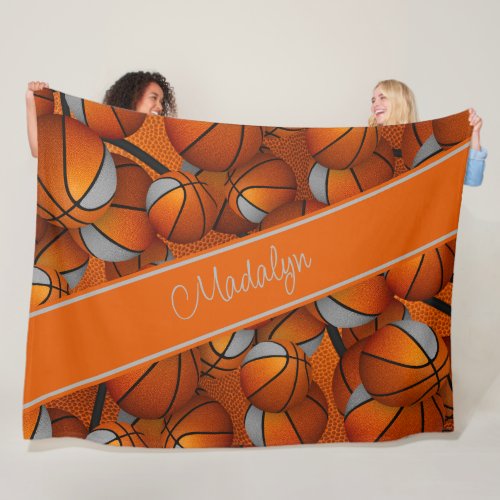 orange gray basketballs pattern fleece blanket