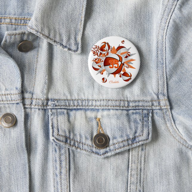 girls orange sports gifts basketballs stars button (In Situ)