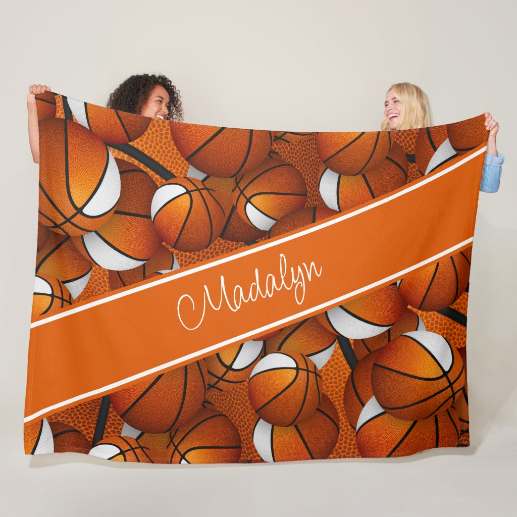 girls orange white basketball pattern personalized fleece blanket