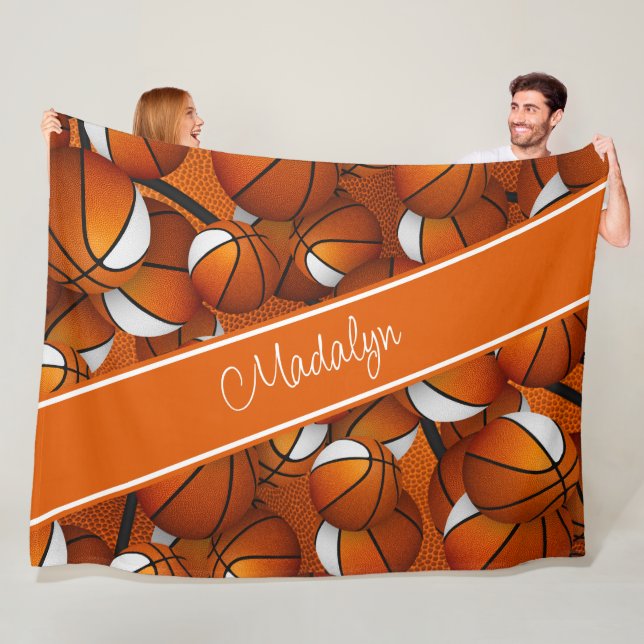 girls orange white basketball pattern personalized fleece blanket (In Situ)