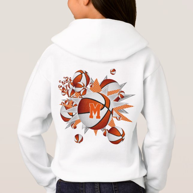 girl's orange white basketballs and stars hoodie (Back)