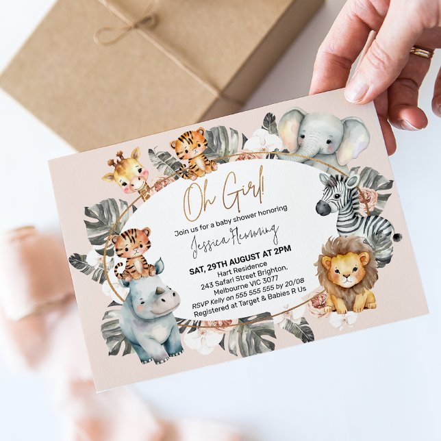 Girls Oval Frame Boho Tropical Safari Baby Shower Invitation (Sweet safari girl baby shower invitation featuring various safari animals surrounding an oval frame.)