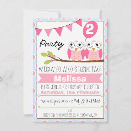 Girls Owl 2nd Birthday Invitation