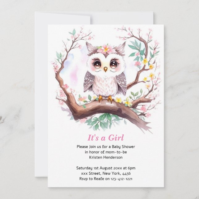 Girl's Owl Baby Shower Forest Adventure Invitation (Front)