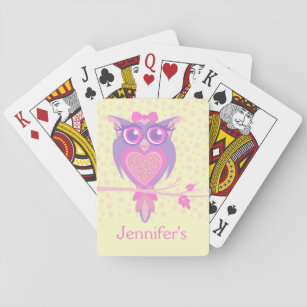 Girl's owl purple yellow named playing cards