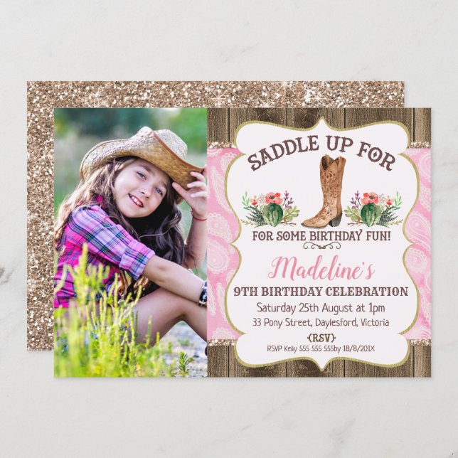 Girls Paisley Western Boots Birthday Invitation (Front/Back)