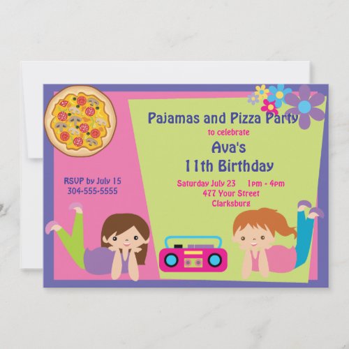 Girls Pajama &amp; Pizza Party Custom Announcement