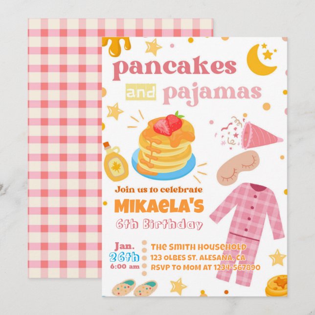 Girls Pancakes and Pajamas Birthday Invitation (Front/Back)