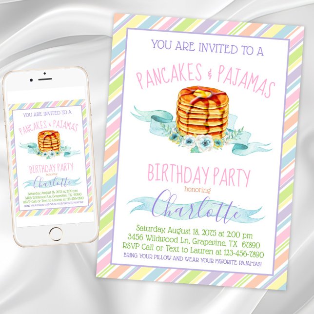 Girls Pancakes Pajama Birthday Party Invitation (Pancakes and pajamas party invitation. Instant download and printed invitations available.)