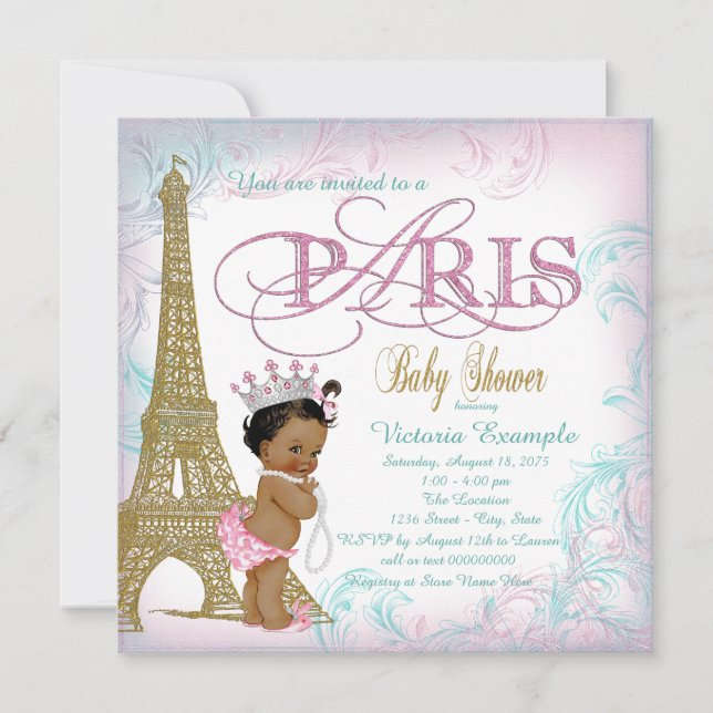 Girls Paris Baby Shower Pink Gold Teal Pearls Invitation (Front)