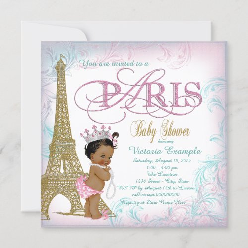 Girls Paris Baby Shower Pink Gold Teal Pearls Invitation