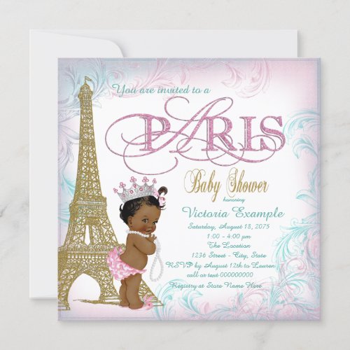 Girls Paris Baby Shower Pink Gold Teal Pearls Invitation