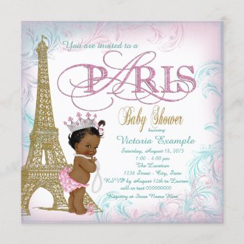 Girls Paris Baby Shower Pink Gold Teal Pearls Invitation by The_Vintage_Boutique at Zazzle
