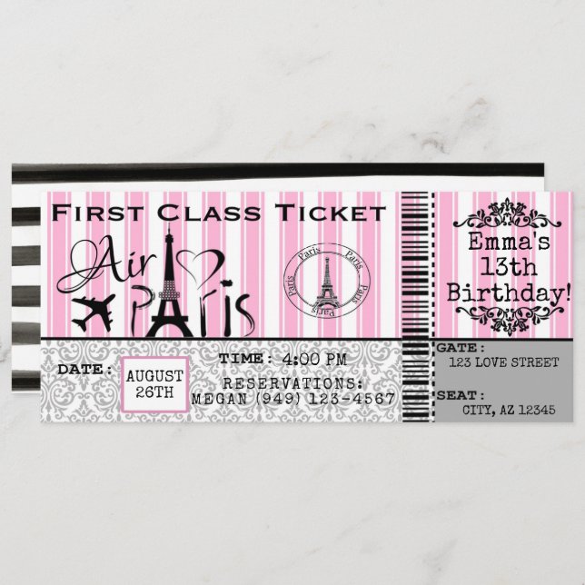 Girl's Paris France Airline Ticket Birthday Invitation (Front/Back)