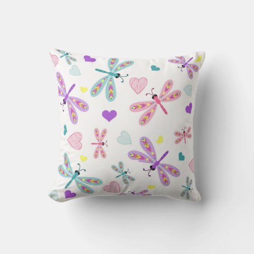Girls Pastel Hearts and Dragonfly Throw Pillow