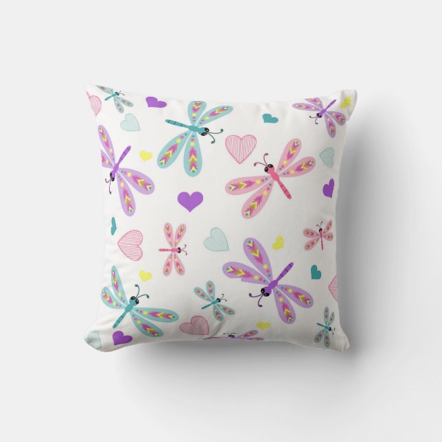 Girls Pastel Hearts and Dragonfly Throw Pillow (Front)
