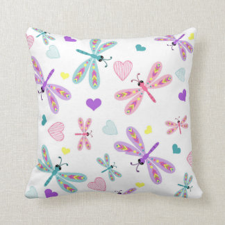 Girls Pastel Hearts and Dragonfly Throw Pillow