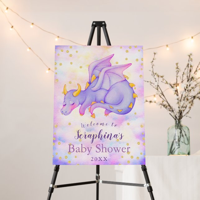 Girls Pastel Purple Dragon Baby Shower Welcome Foam Board (In Situ (Stand))