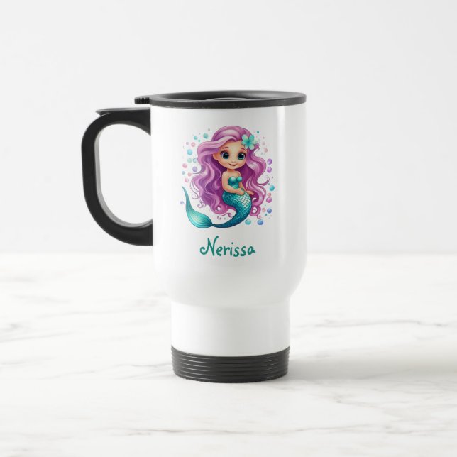 Girl's Pastel Purple Mermaid Theme Birthday Favor Travel Mug (Left)