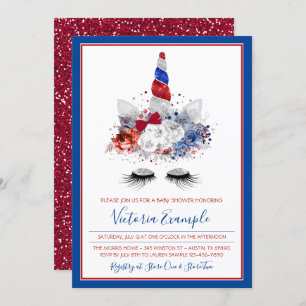 Girls Patriotic Unicorn Baby Shower Invitation