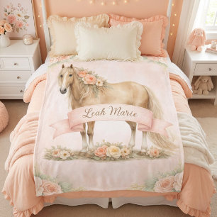 Girls Peach Floral Horse Personalized Name Fleece Blanket