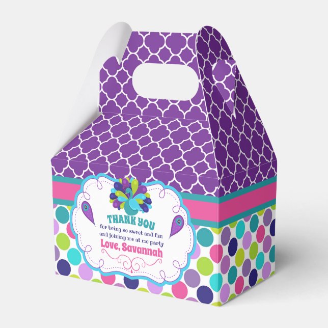 Girls Peacock Birthday Party Gable Favor Boxes (Front Side)