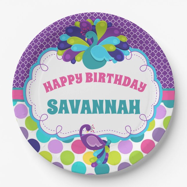 Girls Peacock Happy Birthday Party Personalized Paper Plates (Front)