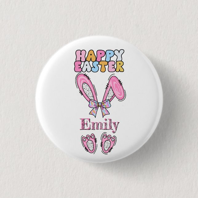 Girls Personalize Happy Easter Bunny Pink Button (Front)