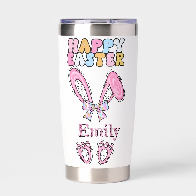 Girls Personalize Happy Easter Bunny Pink Insulated Tumbler (Front)