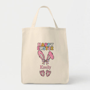 Girls Personalize Happy Easter Bunny Pink Tote Bag