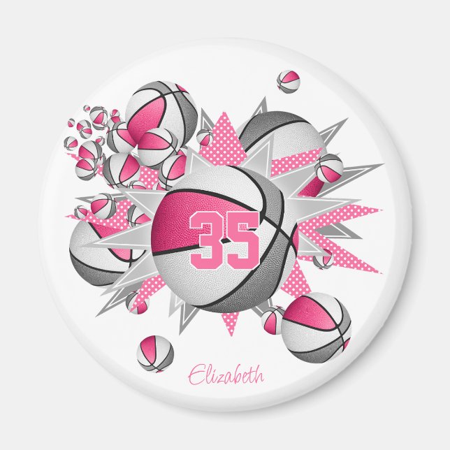 girls personalized basketballs stars pink gray magnet (Front)