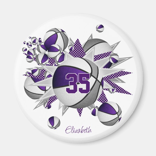 girls personalized basketballs stars purple gray magnet (Front)