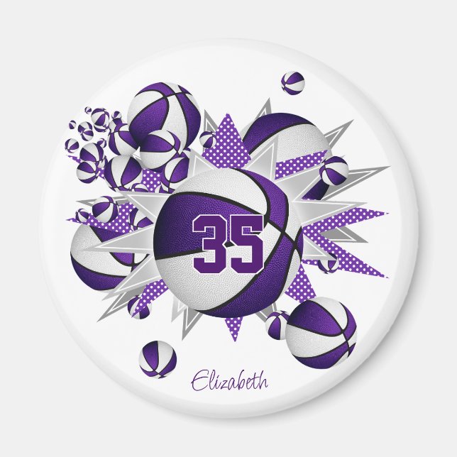 girls personalized basketballs stars purple white magnet (Front)