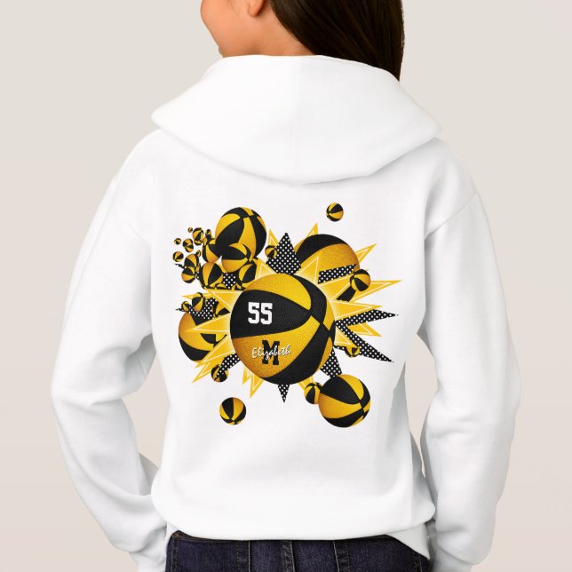 Girl's personalized black gold basketballs stars hoodie (Back)