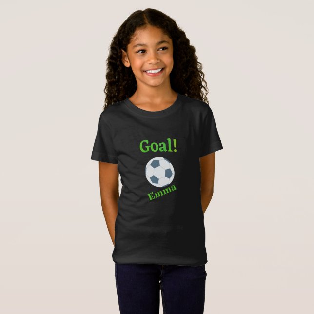 Girls Personalized Black Green Soccer Player Goal T-Shirt (Front Full)
