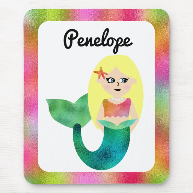 Girls Personalized Blonde Faux Foil Mermaid Kids Mouse Pad (Front)