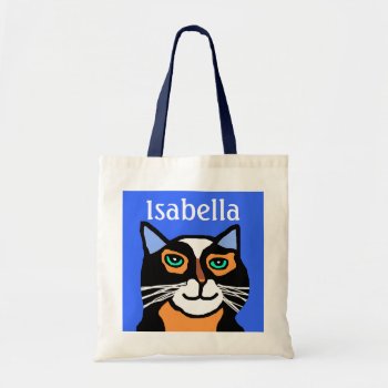 Girls Personalized Blue & Black Cat Tote Bag by kidssportsfunstuff at Zazzle