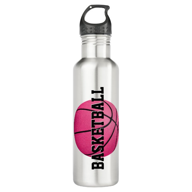 girl's personalized bright pink basketball stainless steel water bottle (Front)
