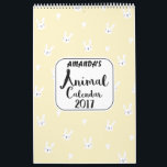 Girls Personalized Cute Animals 2017 Calendar<br><div class="desc">This girl's 2017 calendar features 12 cute animals, one for each calendar month. The front cover features a cute bunny and hearts pattern on a pale yellow background and a white text area with a brush stoke style font called Portabello. You can add text in the top section of the...</div>