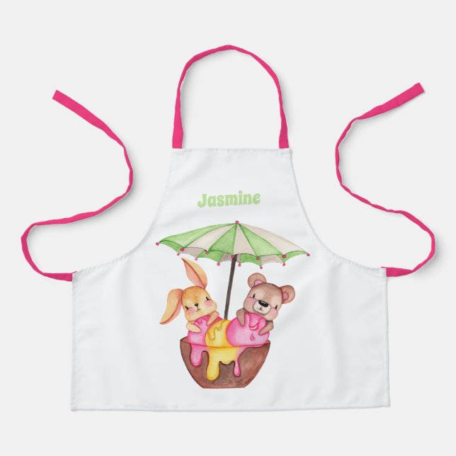 Girls Personalized Cute Animals Ice cream Bowl Fun Apron (Front)