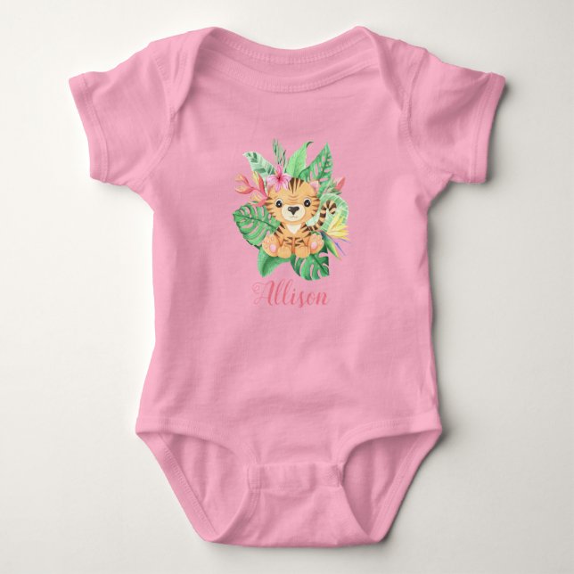Girls Personalized Cute Tiger in Tropical Flowers Baby Bodysuit (Front)