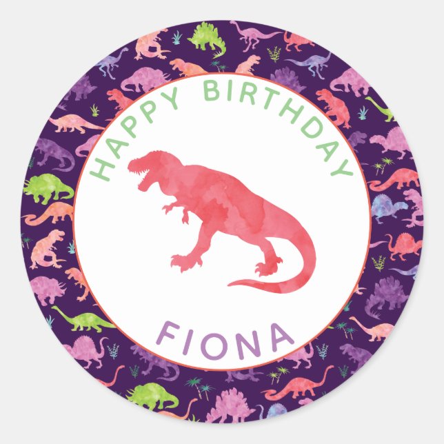 Girls Personalized Dinosaur Birthday Party Pattern Classic Round Sticker (Front)