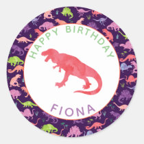 Girls Personalized Dinosaur Birthday Party Pattern Classic Round Sticker